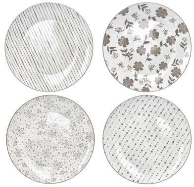 BRANDANI Piatto Piano Loto Tortora Set 4 Pezzi Decori Assortiti Porcellana 27cm