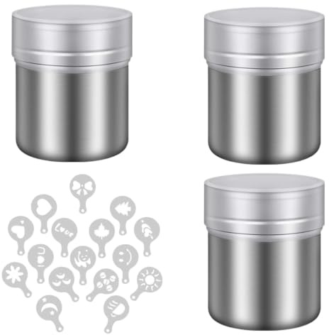 3 Stück Puderzuckerstreuer, Kakaostreuer Mehlstreuer mit Deckel 16 Teile | Edelstahl, Pulverstreuer Satz Kaffee Zeichnung CappuccinoForm zum Backen Kochen Zuhause Restaurant