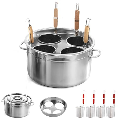 Kurflo Kommerzieller Nudeltopf, Edelstahl, für Ramen, Udon, Spaghetti & Fondue, geeignet für Gasherd & Induktion, inkl. Abtropfsieb und Aufhängehaken (mit 4 Siebeinsätzen)