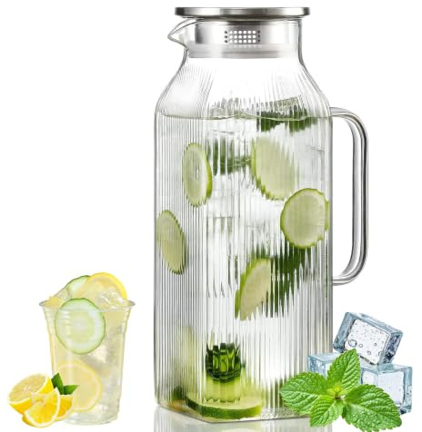 Umllpet Glaskaraff 2 liter med lock av rostfritt stål, fyrkantig vattenkanna med handtag, kylskåpssäker för kalla och varma drycker (räfflad design)