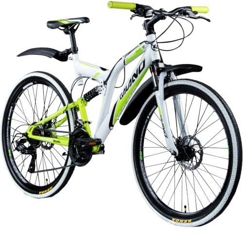 Galano Volt DS Mountainbike für Mädchen und Jungen ab 160 cm, Jugendfahrrad Unisex mit 21 Gangschaltung und Scheibenbremsen, Fahrrad MTB Fully Schutzblech (weiß/grün)