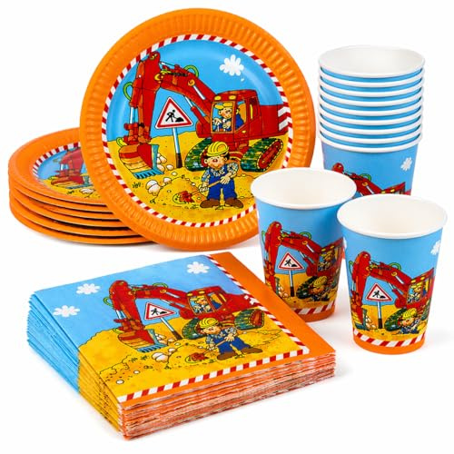 Baustellen Party Deko Set Kindergeburtstag – 8 Teller, 8 Becher, 20 Servietten, 25 Luftballons – Baustelle Geburtstag Jungen – Bagger Partygeschirr Set – Kinder Party Set aus Papier & Pappe
