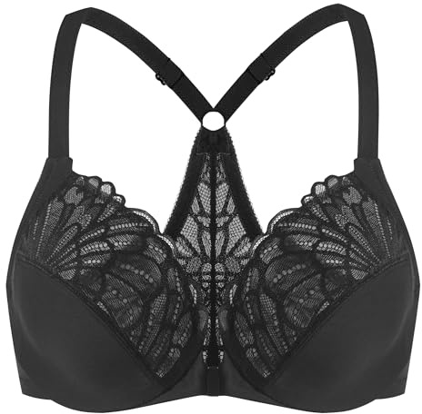MELENECA Women's Front Fastening Racerback Plus Size Stretch Lace Underwire Unlined Bras Black 36C