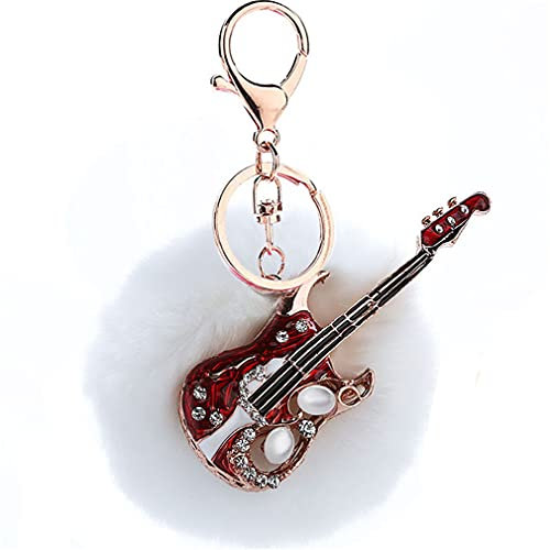 Strass bommel Keychain mit Glitzer Mini Gitarre Anhänger Schlüsselanhänger Taschenanhänger plüsch Ball Elegant Plüsch-Kugel Auto-Anhänger Pompom Handtasche Dekor Schlüsselring (Weiß)