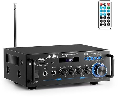 Moukey Amplificatore Audio 2.0 Canali, Amplificatore Stereo Bluetooth 5.0 Ricevitore, 100W Amplificatore HiFi, Radio FM Portatile, RCA, Scheda SD/Ingresso USB, per Casa o Auto, MAMP3