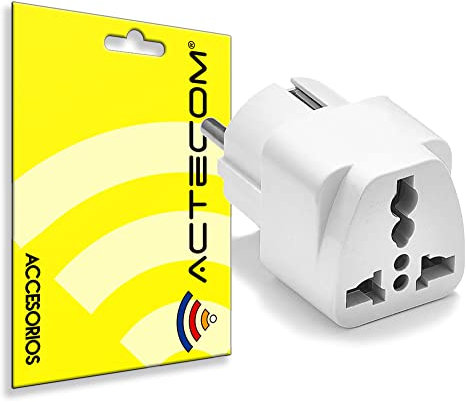 ACTECOM® Adaptador de Corriente Universal UK, Australia, EEUU, China a Europa - Adaptador de Enchufe Redondo UE, Blanco, Ideal para Viajes
