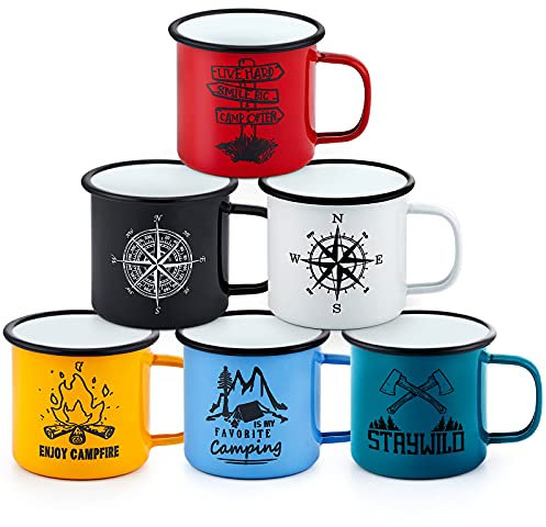 Joyfair Enamel Coffee Camping Mug Set of 6, 16oz Personalised Enamel Travel Tea Drinking Tin Mugs Cups, Red/Green/Blue/White/Black/Yellow, Ideal for Home/Office/Hiking/Gift, Reusable & Portable, 450ml