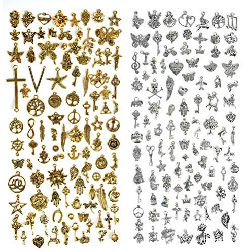 TIMESETL 200Stück Anhänger zum Schmuck, Vintage Schlüsselzubehör, Charms Halskette Anhänger, Silber & Bronze, DIY Zubehör für Basteln Armband