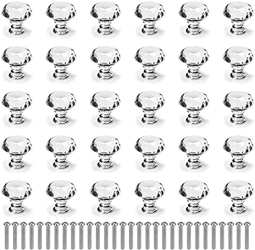 WUWEOT 30 Stück Kristall Schubladenknöpfe 30mm Schrankknöpfe Diamant Möbelknöpfe Kommodenknöpfe Klarglas Griffe mit Schrauben Möbelknauf Schrankknauf Zinklegierung für Schubladen Schränke Kommode