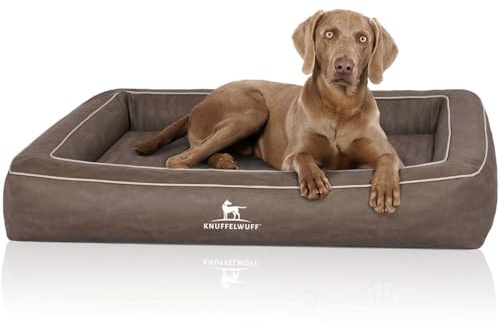 Knuffelwuff Orthopädisches Hundebett aus Laser gestepptem Kunstleder Montego XL 105 x 80cm Braungrau