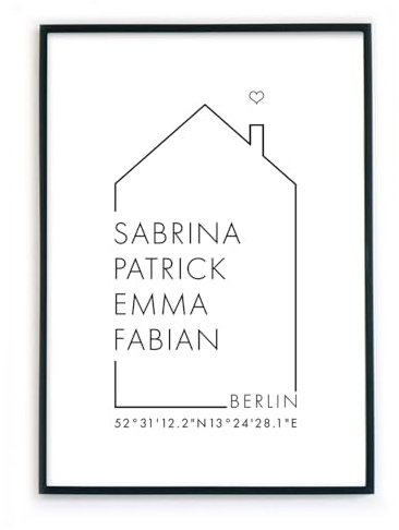 Personalisiertes Familien Haus Poster – Personalisiertes Geschenk zum Einzug - Neue Wohnung/Haus - optional mit Bilderrahmen (Din A4 (21x29,7cm))