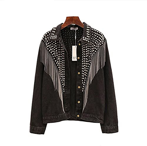 UKKO Jeansjacke Herbst Streetwear Denim Jacke Frauen Handgezeichnete Niet Quaste Kette Kurze Jeansjacke Lose Black Coats-Black-A,XXL