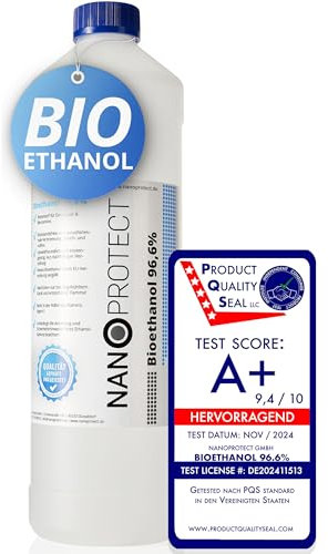Nanoprotect Bioethanol 96,6% | 1 Liter | Flüssiger Ethanol Brennstoff für Indoor Kamin und Tischfeuer | Reiner Ethylalkohol als Lösungsmittel | Geprüfte Premium Qualität