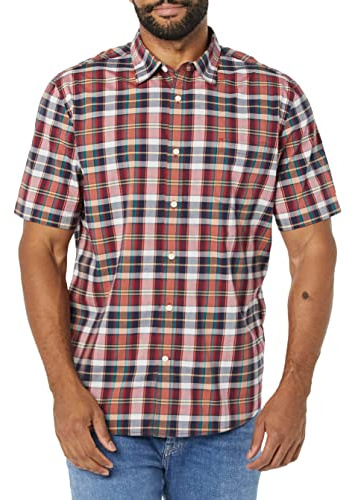 Amazon Essentials Men's Short Sleeve Dress Shirt with Stretch, Charcoal White Vertical Stripe (Available in Big & Tall), Navy Red White Plaid, Medium