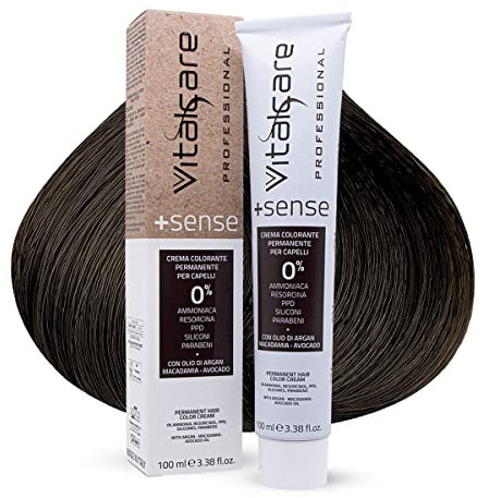 Vitalcare | +Sense - Colorazione Permanente Professionale, Crema Colorante Capelli, Senza Ammoniaca, Resorcina, PPD, Siliconi - Con Olio Di Argan, Macadamia e Avocado, 4/00 Castano