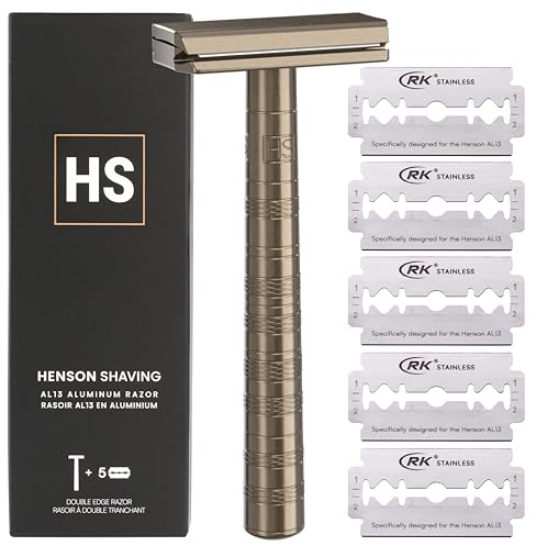 Henson Shaving Razor - Tan Double Edge Safety Razor with 5 Spare Blades - 30° Angled Precision With Superior Blade Rigidity- Reusable Single Blade Razors For Men and Women - Mild Aggression