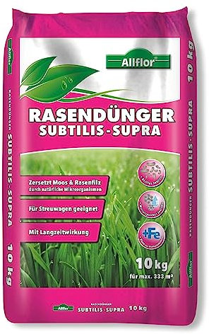 Allflor Rasendünger Suptilis-Supra I Zersetzt Moos und Rasenfilz I Spezialdünger mit Bacillus Subtilis Mikoorganismen im 10kg Beutel I Ideal bei langen Trockenperioden I Enthält Eisen