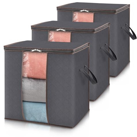Lifewit 3 Stück 90L Aufbewahrungstasche, Faltbare Umzugskartons mit Verstärkt Griff, Kleidung Aufbewahrungsbox Kleideraufbewahrung für Bettdecken Kleidung Bettwäsche Kleiderschrank, Grau
