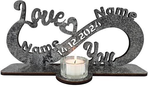 Waluna® Liebesgeschenk Teelichthalter – Personalisiert mit Namen & Datum – Love You Hochzeitsgeschenk, Jahrestag Deko mit Unendlichkeitszeichen in 12 Farben