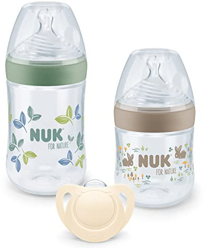 NUK for Nature Start Baby Bottle & Dummy Set, 0-6 Months, 100% Natural Raw Materials, 2 x Bottles (150 ml & 260 ml), 2 x Silicone Soothers, BPA-Free, 4 Count