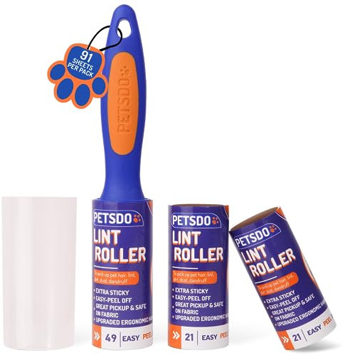 PETSDO Lint Rollers Pack of 3-91 Sticky Sheets Roller for Pet Hair & Clothes - Remover with Replacement head ideal All Fabrics, Effective on Dust, and Debris, Blue Orange (LT-01)