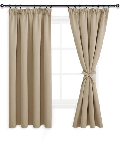 DWCN Vorhänge Wohnzimmer Kurz Blickdicht Kräuselband mit Vorhang-Krawatten | 137x117cm(HöhexBreite), Taupe, 2er Set, Verdunkelungsgardinen Küche Wärmeisolierend Thermovorhang Schienensystem Schlafzimmer