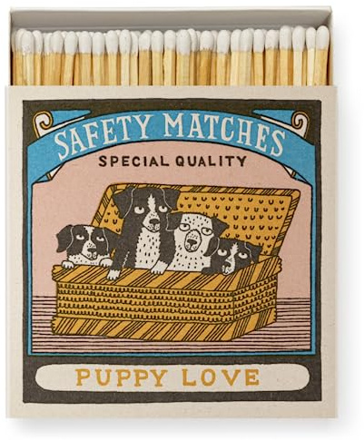 Puppy Love Long Matches, Luxury Giant Square Art Matchbox, Coloured Tip Matches, Large Matchsticks, Fireside Candles Housewarming Gift
