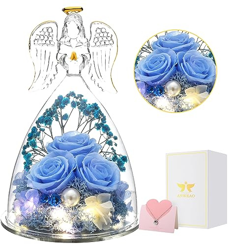 Julängel rosgåvor, välsignelse ängelfigurer med äkta rosgåvor till mamma mormor fru, rosblomma i glasängel, juljubileum födelsedagspresenter till henne (ljusblå rosor)