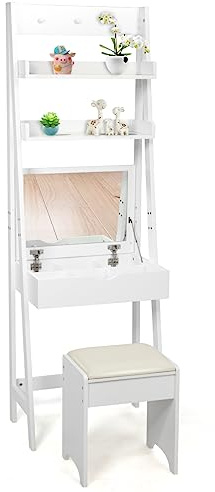 HOMASIS Set da toeletta con 2 ripiani, organizer per trucchi con specchio pieghevole e 3 ganci, tavolo cosmetico per camera da letto, 60 x 40 x 180 cm, bianco