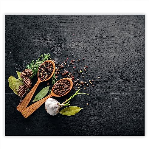 SMTDeco Herdabdeckplatte 60×52 cm – Mehr Arbeitsfläche, Spritzschutz & Schneidebrett – ESG Glas, kratzfest – für Induktion/Ceranfeld – 1-teilig, Motiv Kräuter Grau