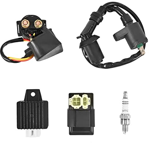 Trkimal Gy6 Solenoid Relay AC CDI Box Ignition Coil Voltage Regulator Spark Plug for Gy6 150cc Engine Chinese Scooter Moped Part Tomberlin Crossfire 150R American Sportworks 150 GTS 150cc Go karts