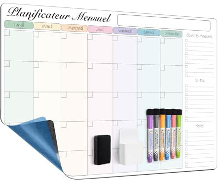 MCCORL 60x40 cm Calendrier Adhesif Tableau blanc Planning Mural, Planificateur Mensuel/Semainer effaçable parfait pour Planification des Tâches, Organiseur Hebdomadaire Repas familial - en Français