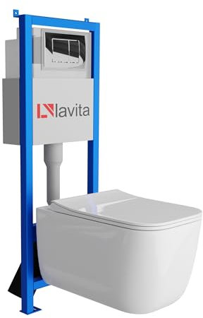 Lavita LAV 101 LAV 200.1.2 - Elemento de pared para inodoro de 40 cm + lavabo profundo para lavabo de pared, color blanco, sin borde + placa de control LAV 200.1.2 cromada, juego completo, cisterna