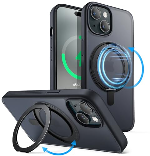 JETech 360 Grader Roterbart Ring Skal för iPhone 15 Plus, Svart | Kompatibel med MagSafe, Tunt Stötsäkert Telefon Fodral med Stativ och Ringhållare