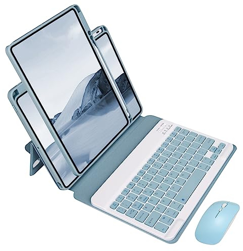 Funda con Teclado para iPad 6ª/iPad 5ª Gen, iPad Air 2/1, iPad Pro 9.7, QWERTY Teclado Desmontable Bluetooth Español con Ratón Recargable, Magnética Extraíble Funda, Soporte Ajustable, Azul Brumoso