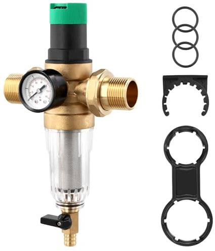 QWORK® Druckminderer Wasser 1 Zoll, Wasserdruckminderer mit Manometer, Messing Druckminderventil mit Selbstreinigendem Siebfilter