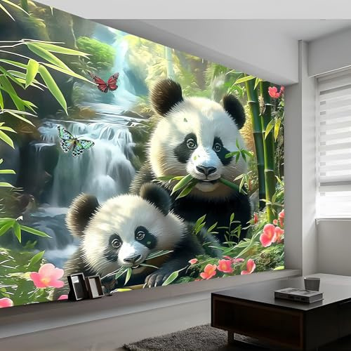 Vlies Fototapete Kinderzimmer B200 x H140 cm, Bambustier Panda Fototapeten Tapeten für Kindertapete - Schmetterling Wasserfall Landschaft Vliestapete Wandtapete Wanddeko Tapete 3D Effekt Schlafzimmer