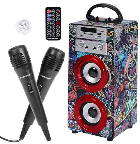 Máquina de Karaoke Portátil DYNASONIC, Altavoz Karaoke con 2 Micrófonos, Altavoz Bluetooth, Luz USB incluida, Lector USB y SD, diseño Exclusivo, Regalo Original (025-21 luz)