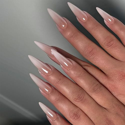 NICENEEDED 24PCS Long Stiletto Press On Nails Faux Ongles Blancs Dégradés Ongles Artificiels Brillants en Amande Couvre Ongles Adhésifs à Couverture Intégrale