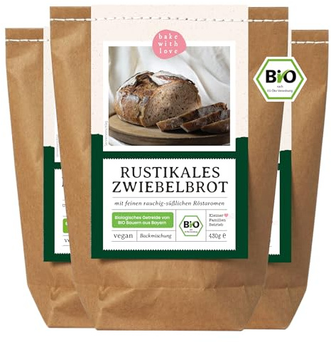 Bio Brotbackmischung Rustikales Zwiebelbrot – mit Röstzwiebeln – herzhaftes Bio Brot ideal für Grillen, Brotzeit & Ofen – auch für Brotbackautomat – Bake with Love – 3er Pack