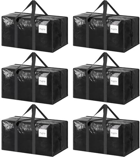 6 Pack Extra Heavy Duty Large Moving Bags with Strong Zipper & Comfortable Handles, Sturdy & Durable Clothes Storage Bags Totes Bins, Packing Moving Boxes for College Supplies, Black