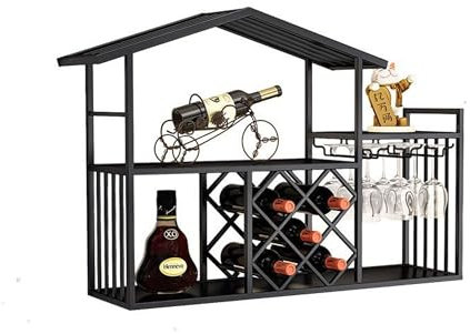 Weinregal Wand Metall mit Weinglashalter Flaschenregal Schmal Wine Rack Bar Regal Wand Weinschrank Hausbar Barschrank Weinständer Getränke Regal Mini Bar für Bartheke Wohnzimmer Küche Esszimmer(Nero)