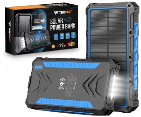 Tensfact® Solar Powerbank 36 000 mAh trådlös laddare – powerbank solenergi – powerbank Iphone Samsung – USB och USB-C – svart (blå)