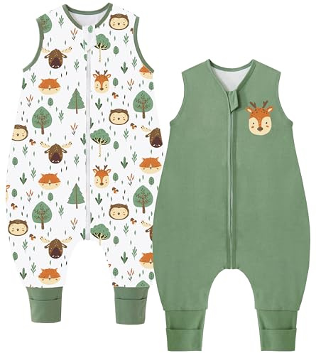 Chilsuessy Baby Schlafsack mit Füßen 2er Pack 1.5 Tog Kinder Ganzjahres Schlafsack 100% Baumwolle Baby Schlafsack mit Beinen, 1.5 Tog/Grün + Wald Tiere, 90cm/Baby Höhe 95-105cm