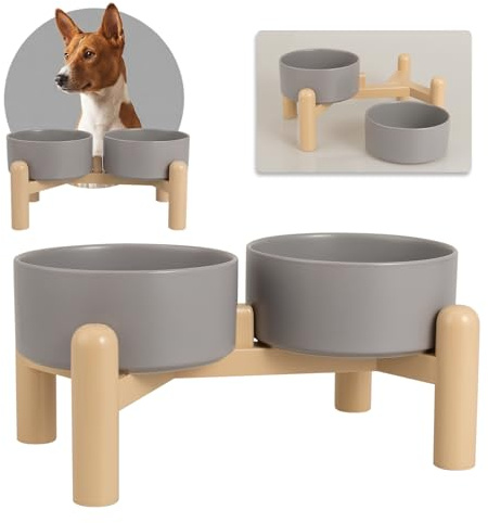 Hundenapf Set Erhöht Hunde Napfset - Doppelnapf Hund Keramik mit Rutschfestem Ständer - Futternapf Hund 2er Set für Futter und Wasser - Ideal für Kleine und Mittelgroße Hunde - 2 x 850 ml - Dunkelgrau