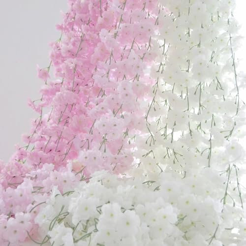 BSITSSS 3PCS 180cm Artificial Silk Cherry Blossom Garland Vines Hanging Vine Garland Artificial Flowers for Outdoor Indoor Wedding Wall Badroom Decoration (Pink, White)