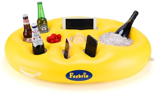 Champrater Porte-gobelet Gonflable XXL - Grand Support de Piscine pour Piscine, Plage et avec 4 Compartiments (Jaune/Transparent) - Idéal pour Les Boissons, Les collations et Les Smartphones