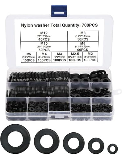 Juego de arandelas de nylon, arandelas de nylon planas,700 piezas Surtido de lavadoras negras redondas con caja de almacenamiento - Espaciadores de mantenimiento industrial para equipos mecánicos