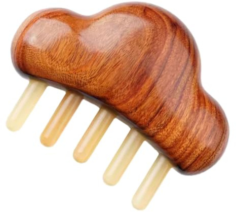 TOBBOMEY Natürlicher Meridiankamm und Horn Handlicher Kopfmassagekamm mit Gua Sha Funktion Schmerzlinderndes Kopfhautmassagegerät für Entspannung und Haarpflege
