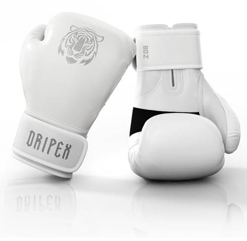 Dripex Boxhandschuhe, Boxing Training Gloves, Muay Thai Kickboxen Sparring, Boxsack Punchinghandschuhe für Männer, Frauen und Jugendliche Kickboxhandschuhe Weiß(8 oz)